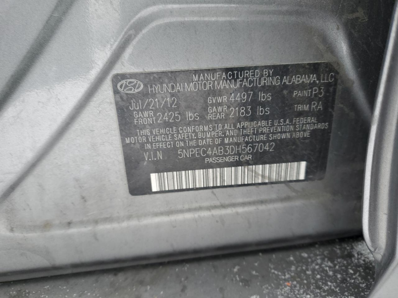 2013 Hyundai Sonata VIN 5NPEC4AB3DH567042 Copart auction photo, rear end damage thumbnail 12