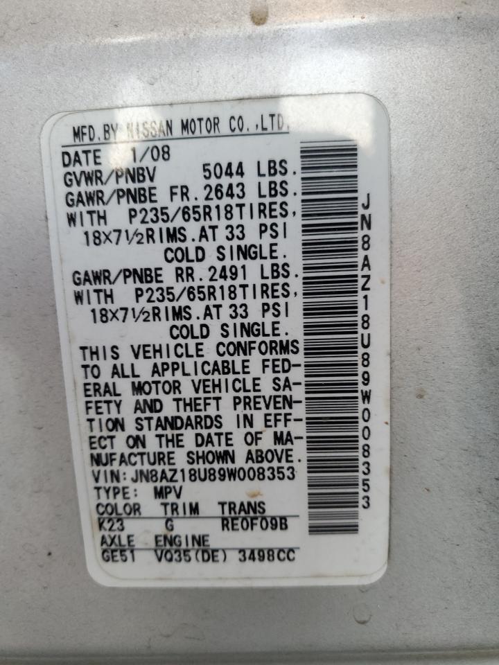 2009 Nissan Murano VIN JN8AZ18U89W008353 Copart auction photo, front end damage thumbnail 13