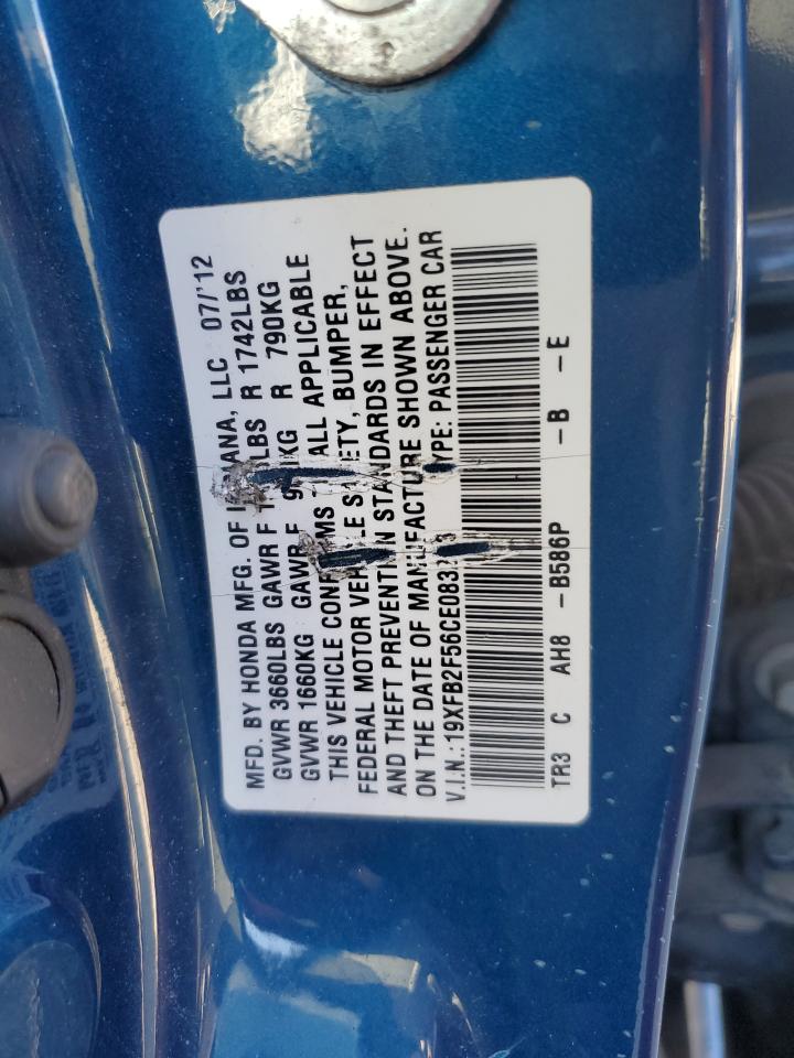2012 Honda Civic VIN 19XFB2F56CE083223 Copart auction photo, front end damage thumbnail 13