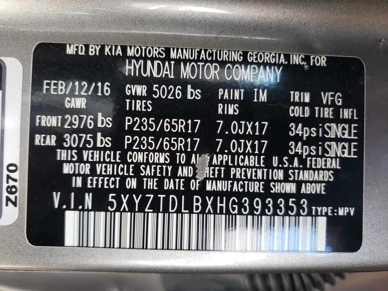 2017 Hyundai Santa Fe VIN 5XYZTDLBXHG393353 Copart auction photo, vandalism / front end damage thumbnail 14