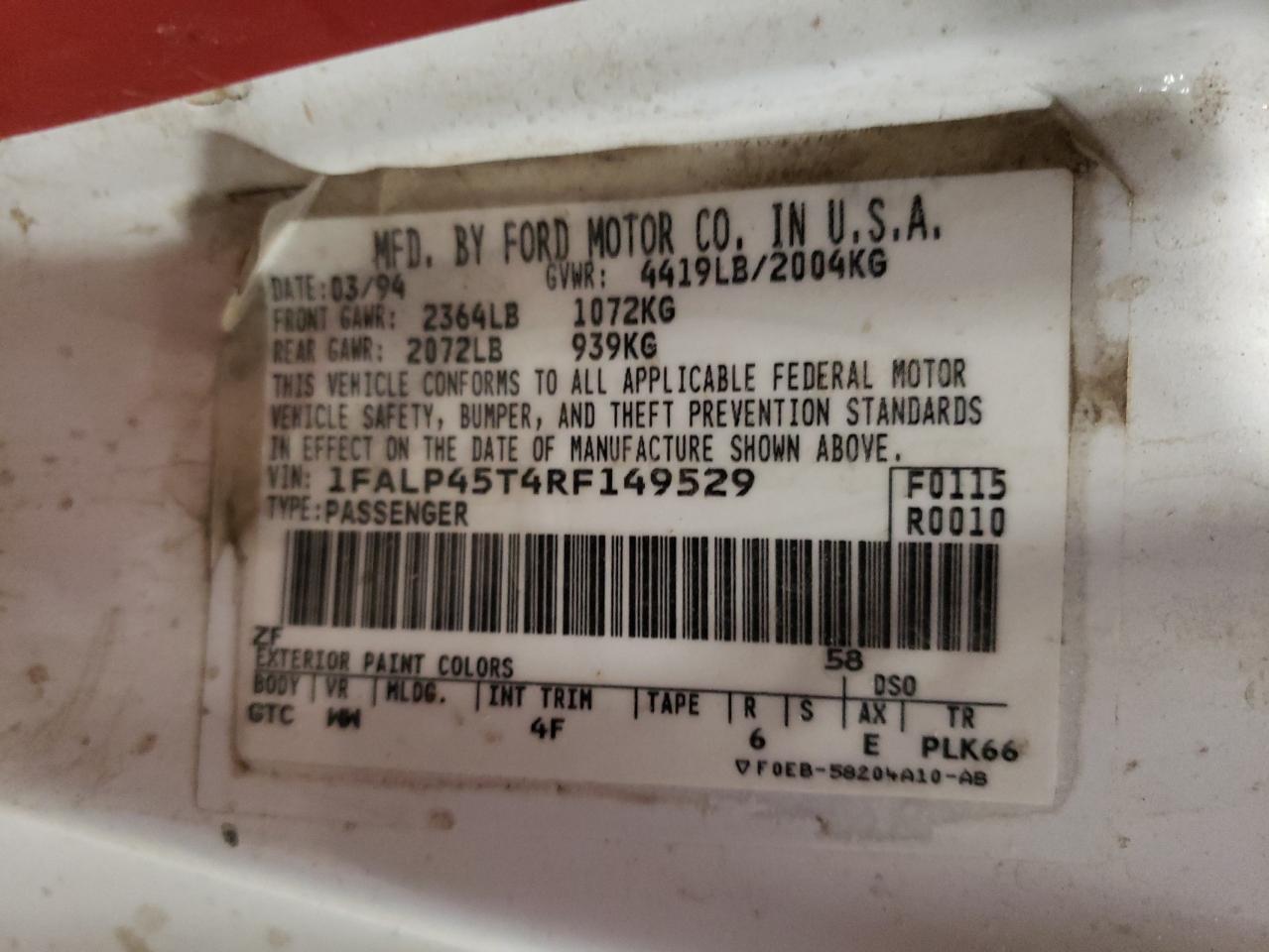 1994 Ford Mustang VIN 1FALP45T4RF149529 Copart auction photo, all over damage thumbnail 14