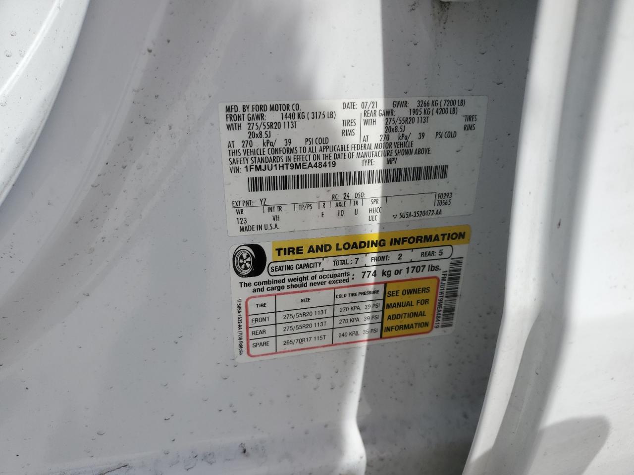 2021 Ford Expedition VIN 1FMJU1HT9MEA48419 Copart auction photo, water/flood / minor dent/scratches damage thumbnail 15