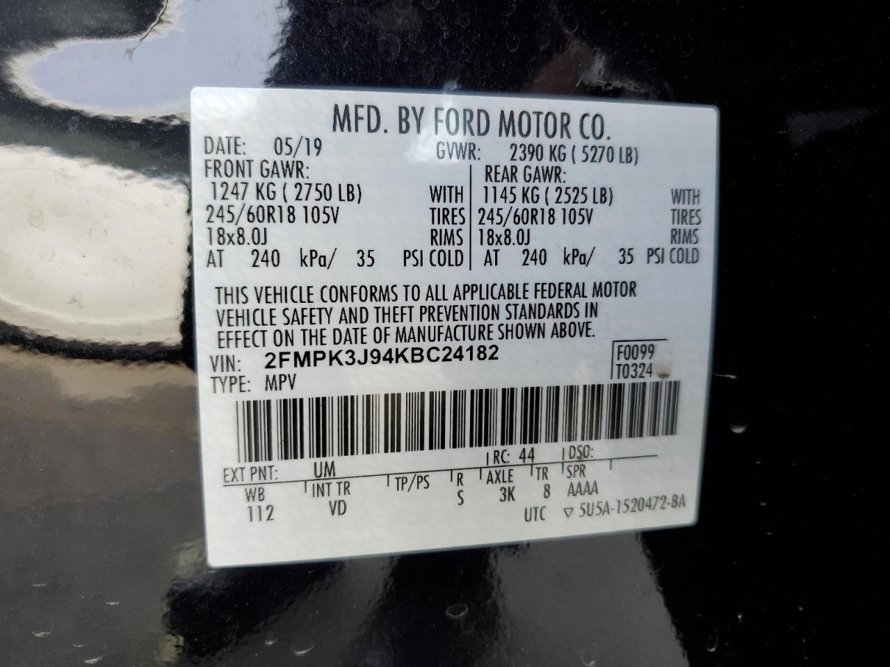 2019 Ford Edge VIN 2FMPK3J94KBC24182 Copart auction photo, front end damage thumbnail 12