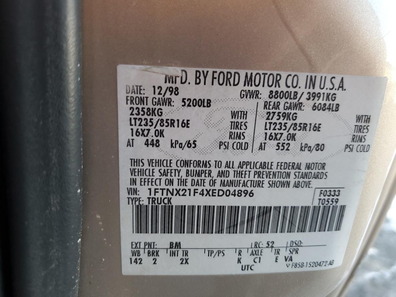 1999 Ford F250 VIN 1FTNX21F4XED04896 Copart auction photo, side / front end damage thumbnail 12