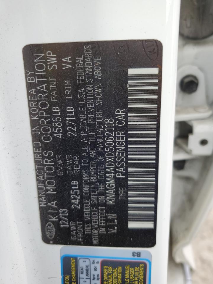 2013 KIA Optima VIN KNAGM4ADXD5062118 Copart auction photo, rear end / front end damage thumbnail 12