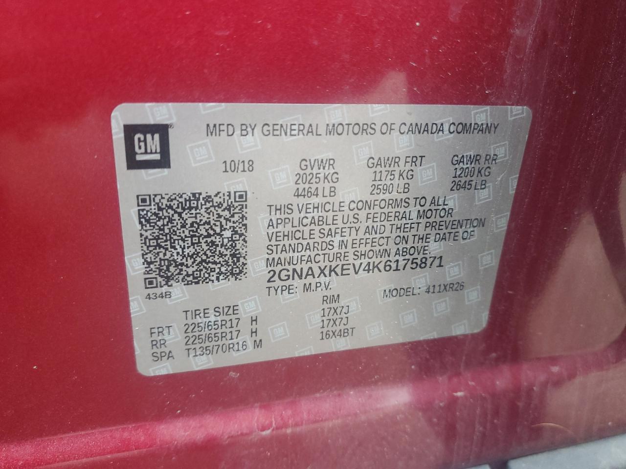 2019 Chevrolet Equinox VIN 2GNAXKEV4K6175871 Copart auction photo, front end damage thumbnail 13
