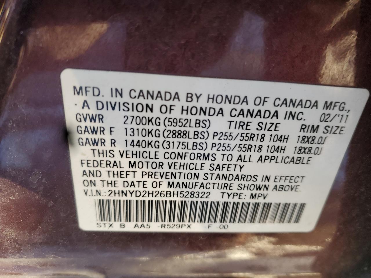 2011 Acura MDX VIN 2HNYD2H26BH528322 Copart auction photo, front end damage thumbnail 13