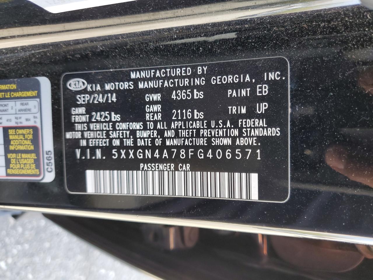 2015 KIA Optima VIN 5XXGN4A78FG406571 Copart auction photo, all over damage thumbnail 15