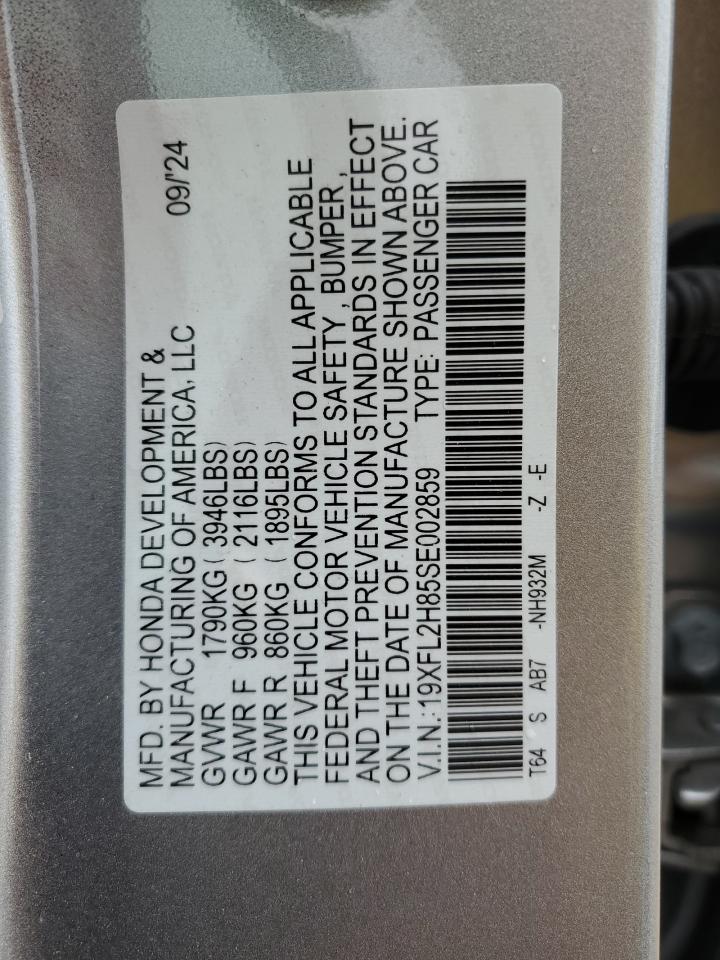 2025 Honda Civic VIN 19XFL2H85SE002859 Copart auction photo, side / minor dent/scratches damage thumbnail 12