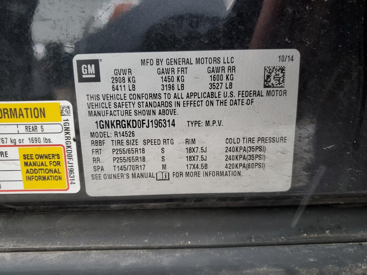 2015 Chevrolet Traverse VIN 1GNKRGKD0FJ196314 Copart auction photo, front end damage thumbnail 13