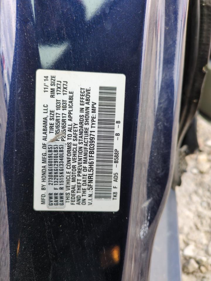 2015 Honda Odyssey VIN 5FNRL5H61FB039971 Copart auction photo, side / front end damage thumbnail 14