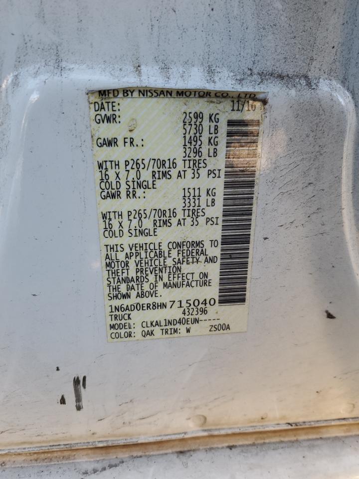 2017 Nissan Navara (Frontier) VIN 1N6AD0ER8HN715040 Copart auction photo, rear end damage thumbnail 14