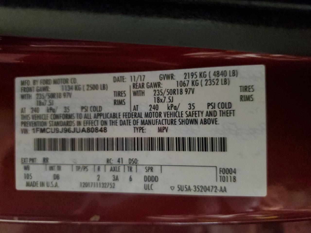 2018 Ford Escape VIN 1FMCU9J96JUA80848 Copart auction photo, rear end / undercarriage damage thumbnail 13