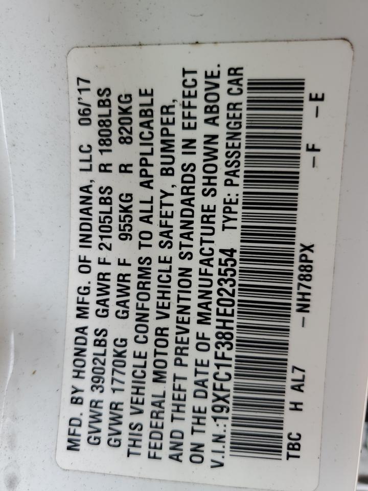 2017 Honda Civic VIN 19XFC1F38HE023554 Copart auction photo, water/flood damage thumbnail 13