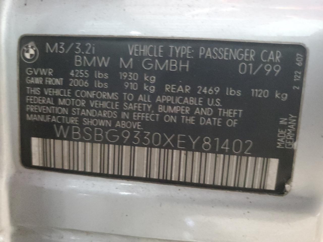 1999 BMW M3 VIN WBSBG9330XEY81402 Copart auction photo, front end damage thumbnail 12