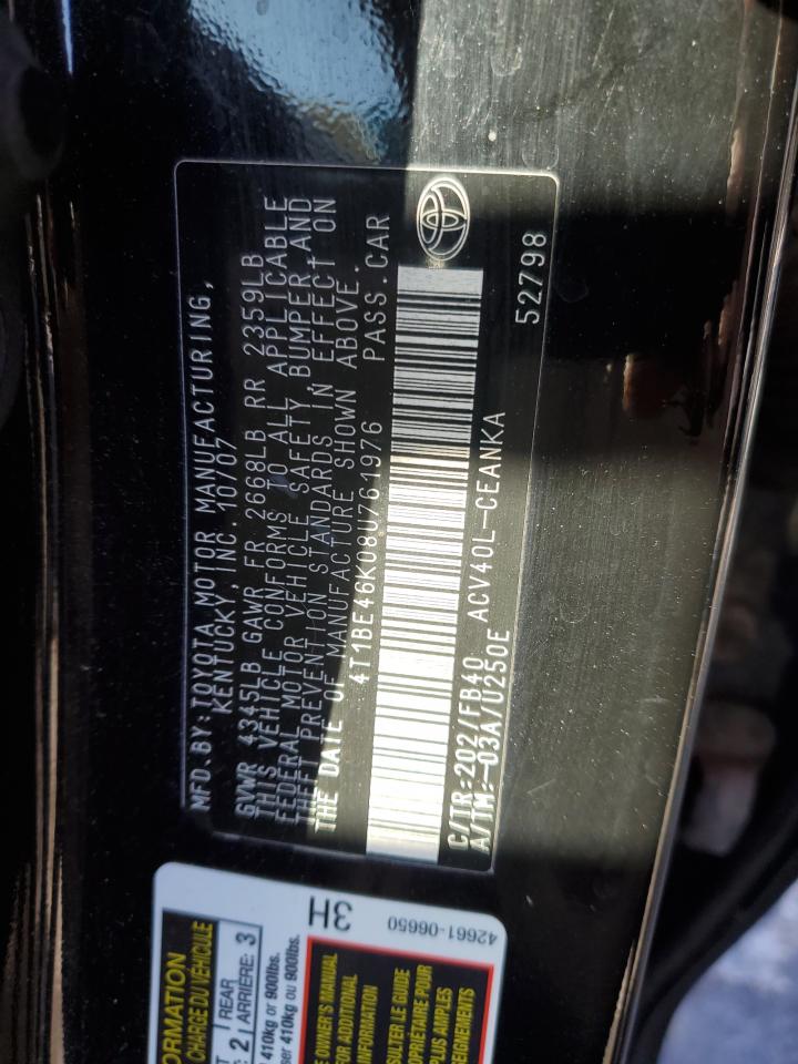 2008 Toyota Camry VIN 4T1BE46K08U761976 Copart auction photo, rear end / minor dent/scratches damage thumbnail 12