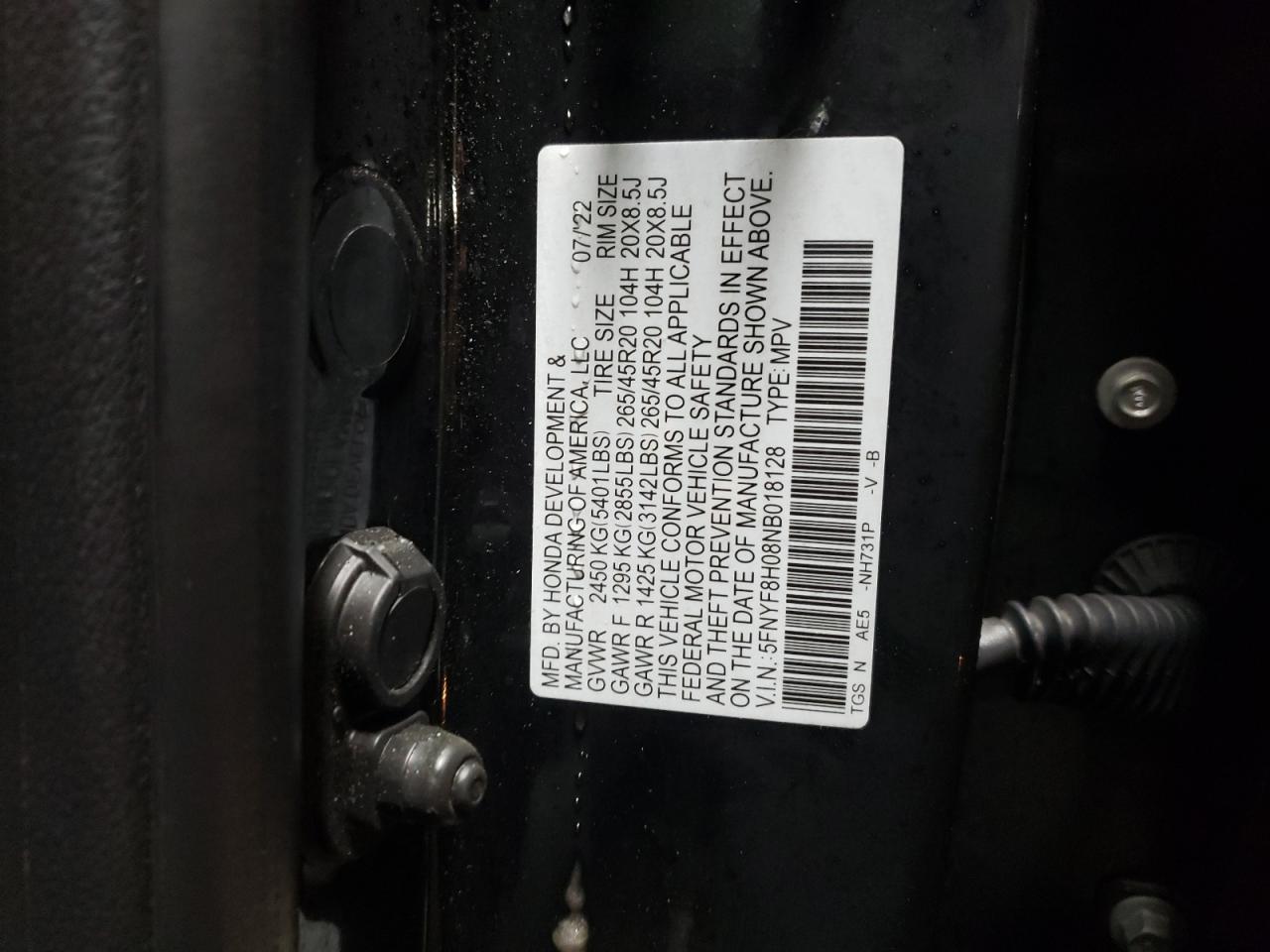 2022 Honda Passport VIN 5FNYF8H08NB018128 Copart auction photo, front end / side damage thumbnail 12
