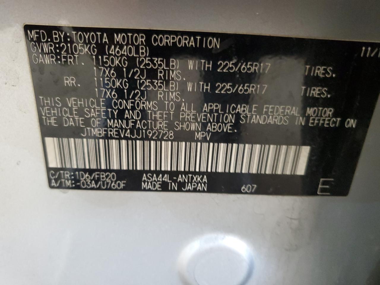 2018 Toyota RAV 4 VIN JTMBFREV4JJ192728 Copart auction photo, rear end / all over damage thumbnail 13