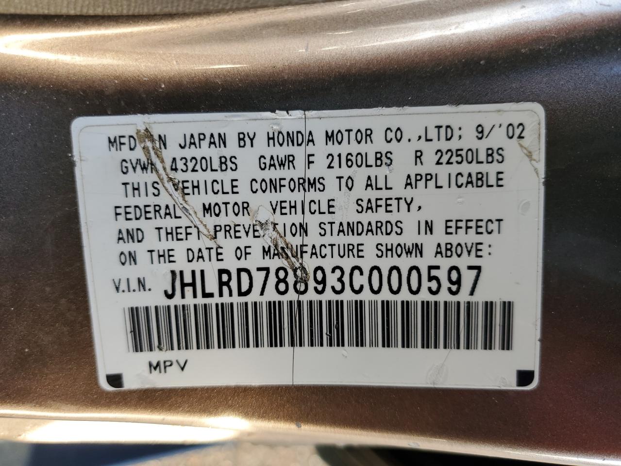 2003 Honda CR-V VIN JHLRD78893C000597 Copart auction photo, front end / side damage thumbnail 13