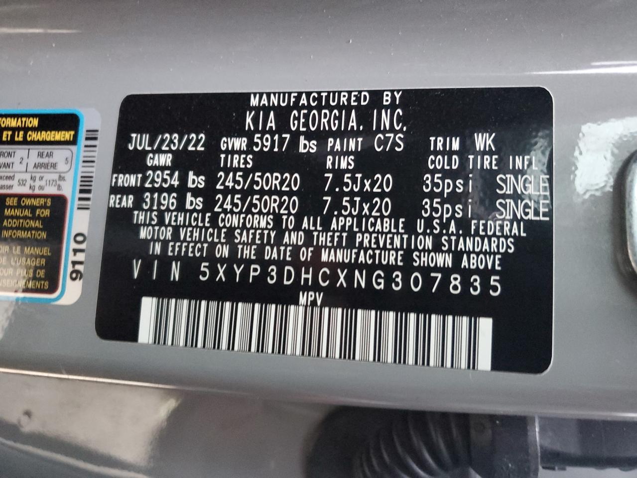 2022 KIA Telluride VIN 5XYP3DHCXNG307835 Copart auction photo, rollover damage thumbnail 13