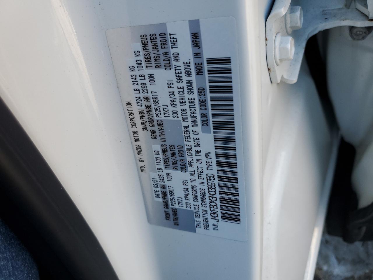 2021 Mazda CX-5 VIN JM3KFBCM3M0389750 Copart auction photo, rear end damage thumbnail 13