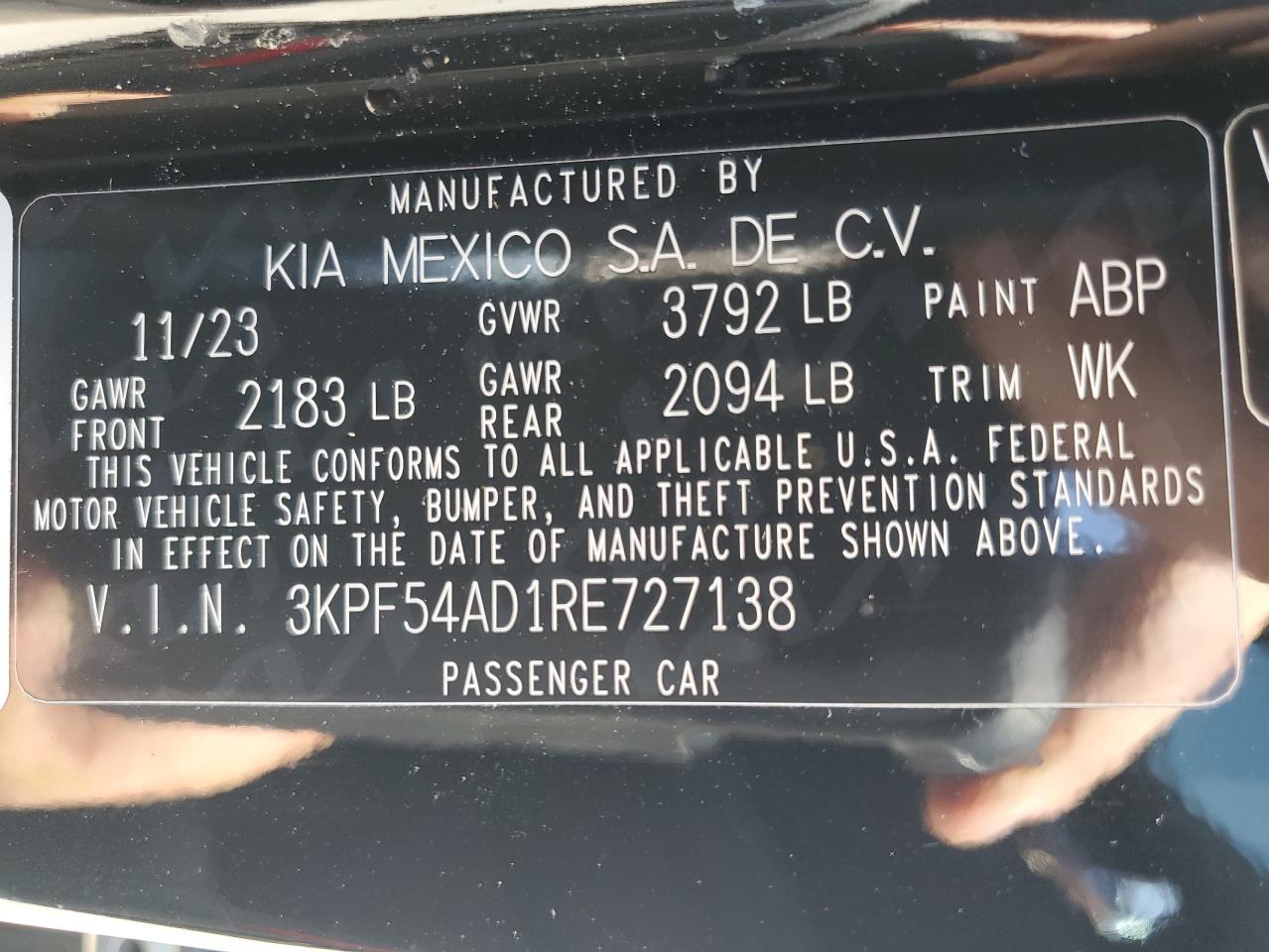 2024 KIA Forte VIN 3KPF54AD1RE727138 Copart auction photo, front end / hail damage thumbnail 14