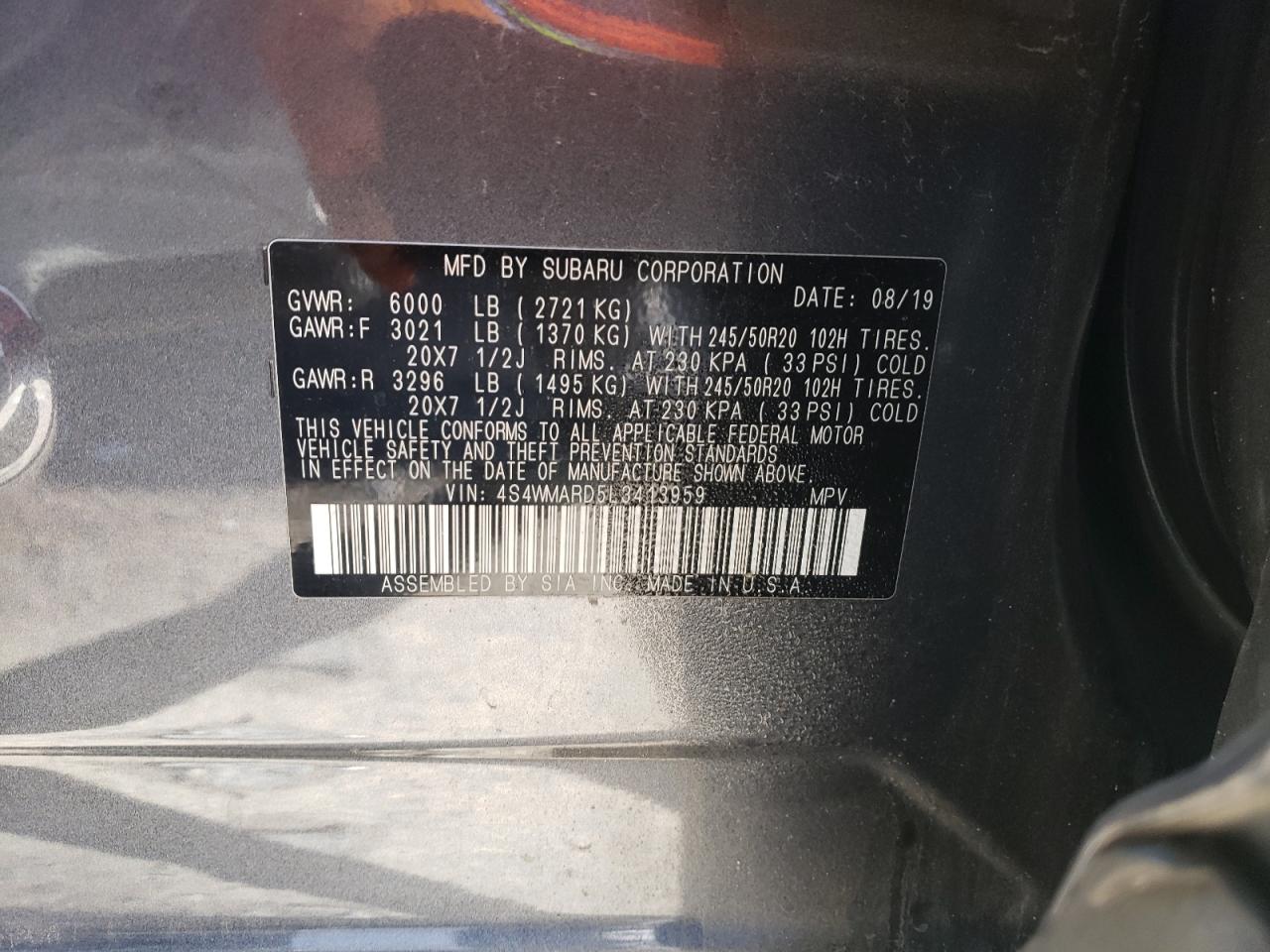 2020 Subaru Ascent VIN 4S4WMARD5L3413959 Copart auction photo, front end damage thumbnail 13