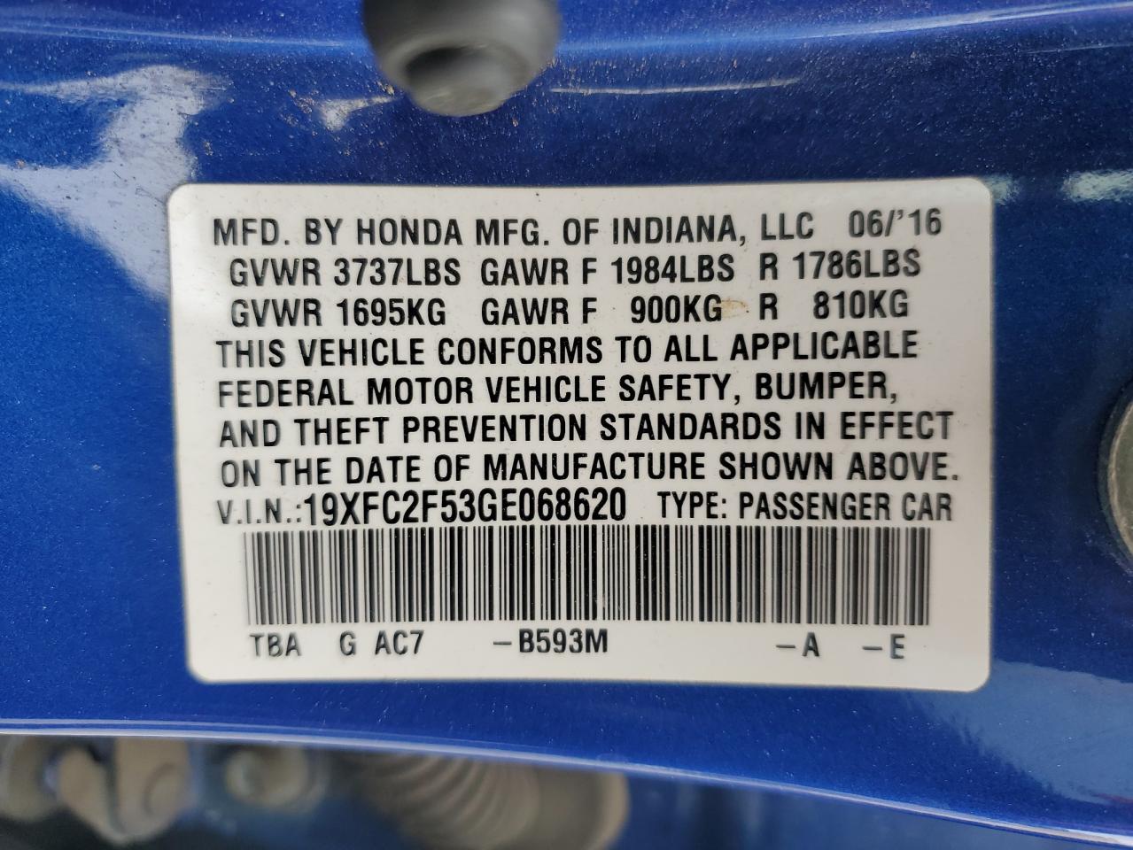 2016 Honda Civic VIN 19XFC2F53GE068620 Copart auction photo, undercarriage damage thumbnail 12