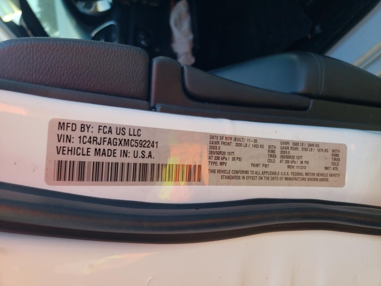2021 Jeep Grand Cherokee VIN 1C4RJFAGXMC592241 Copart auction photo, front end / rear end damage thumbnail 13