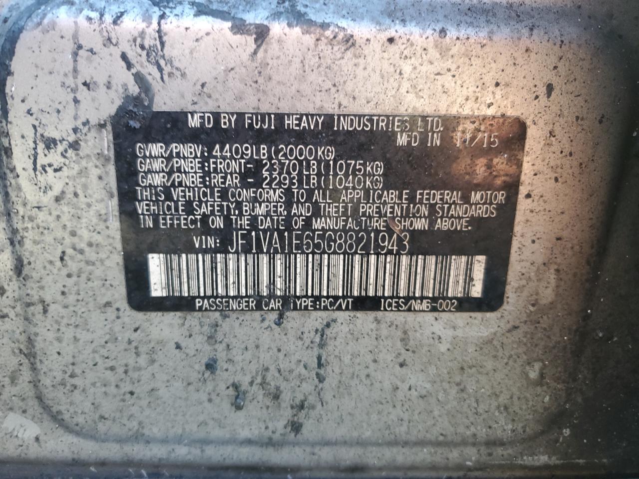 2016 Subaru WRX VIN JF1VA1E65G8821943 Copart auction photo, burn damage thumbnail 13
