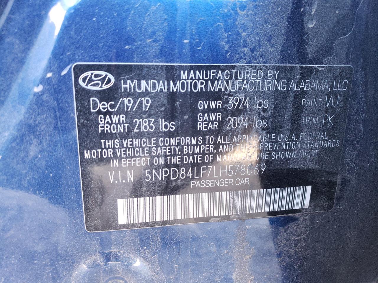 2020 Hyundai Elantra VIN 5NPD84LF7LH578069 Copart auction photo, rollover / hail damage thumbnail 14