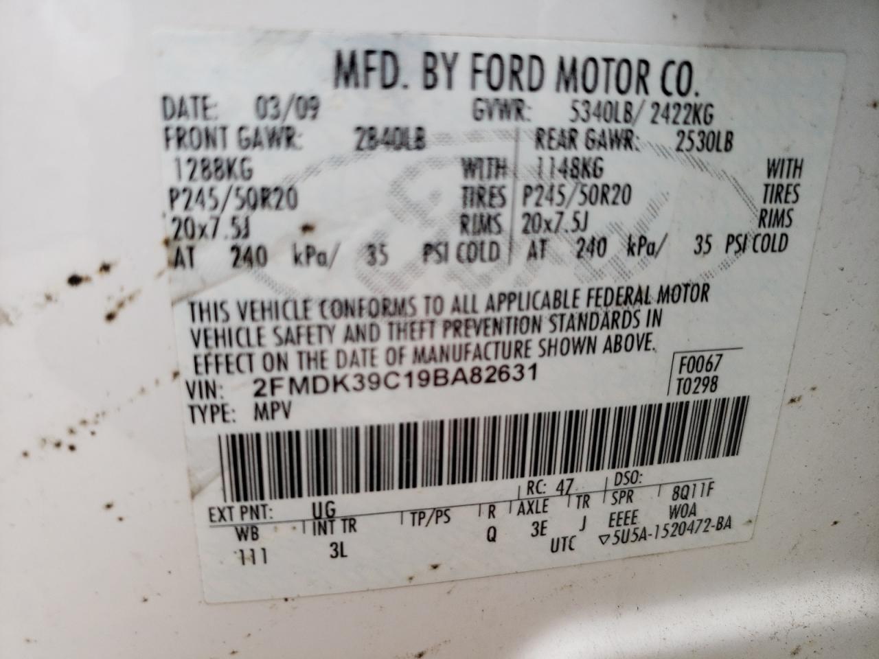 2009 Ford Edge VIN 2FMDK39C19BA82631 Copart auction photo, front end damage thumbnail 13