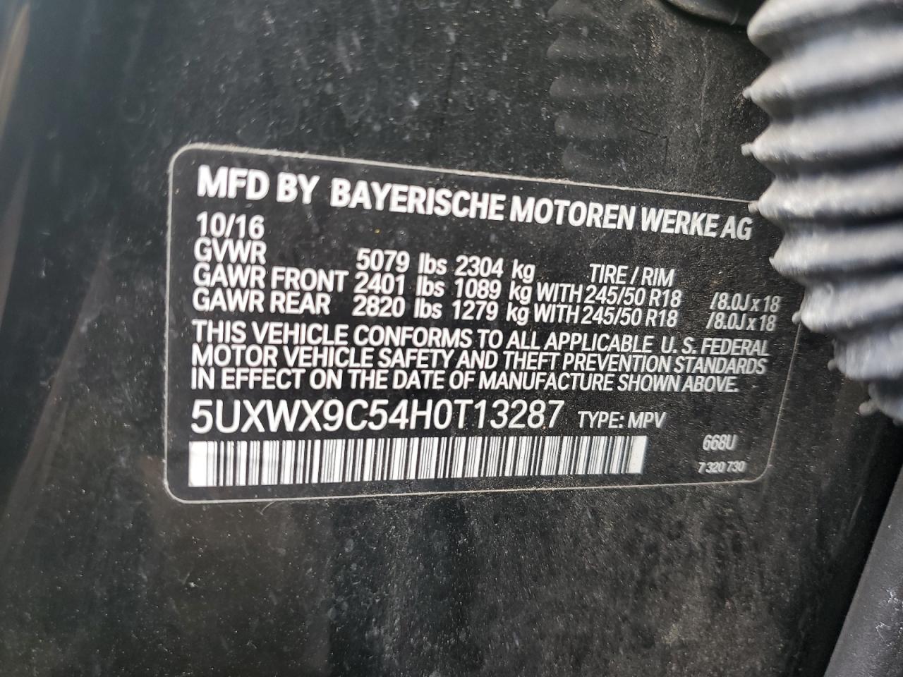 2017 BMW X3 VIN 5UXWX9C54H0T13287 Copart auction photo, front end damage thumbnail 12