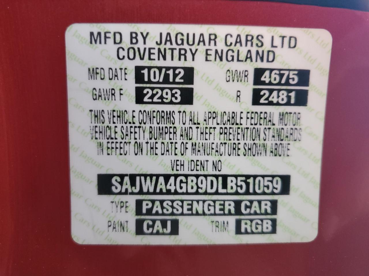 2013 Jaguar XK VIN SAJWA4GB9DLB51059 Copart auction photo, water/flood damage thumbnail 13