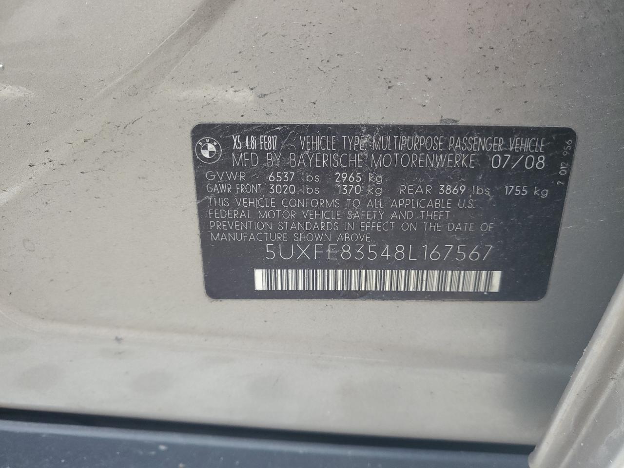 2008 BMW X5 VIN 5UXFE83548L167567 Copart auction photo, side damage thumbnail 13
