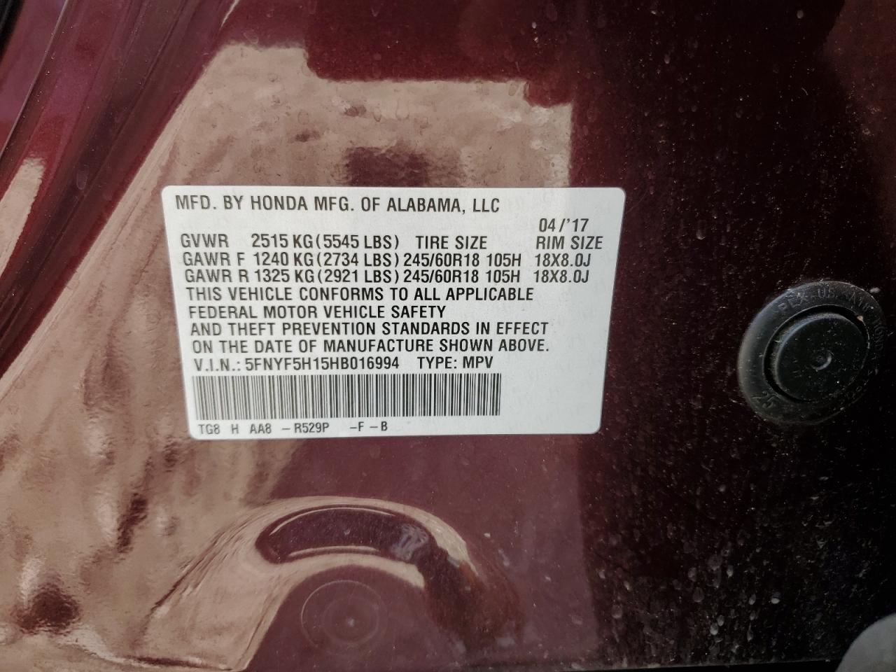 2017 Honda Pilot VIN 5FNYF5H15HB016994 Copart auction photo, rear end damage thumbnail 13