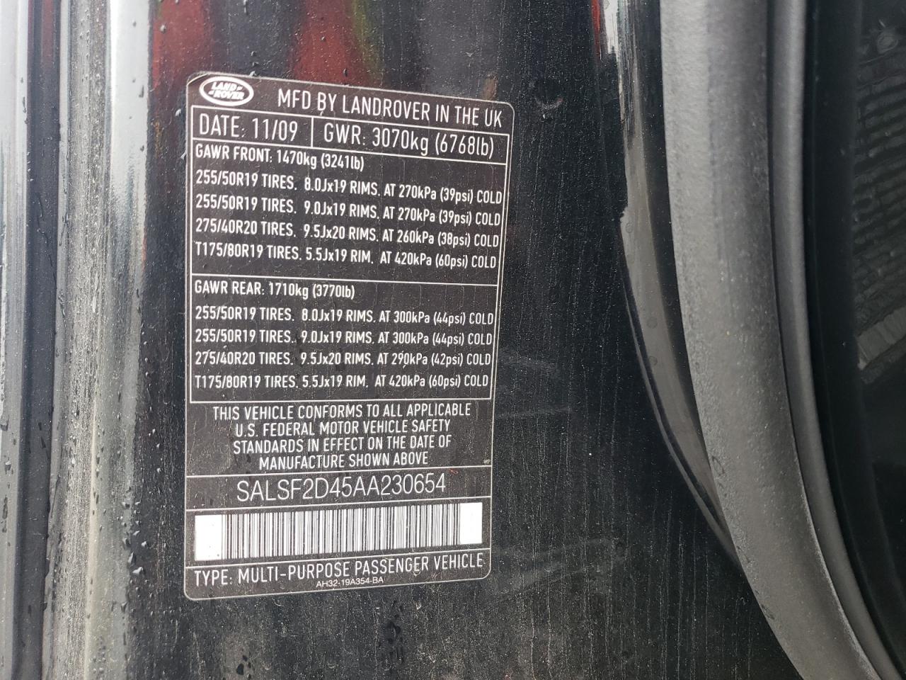 2010 Land Rover Range Rover VIN SALSF2D45AA230654 Copart auction photo, vandalism damage thumbnail 13