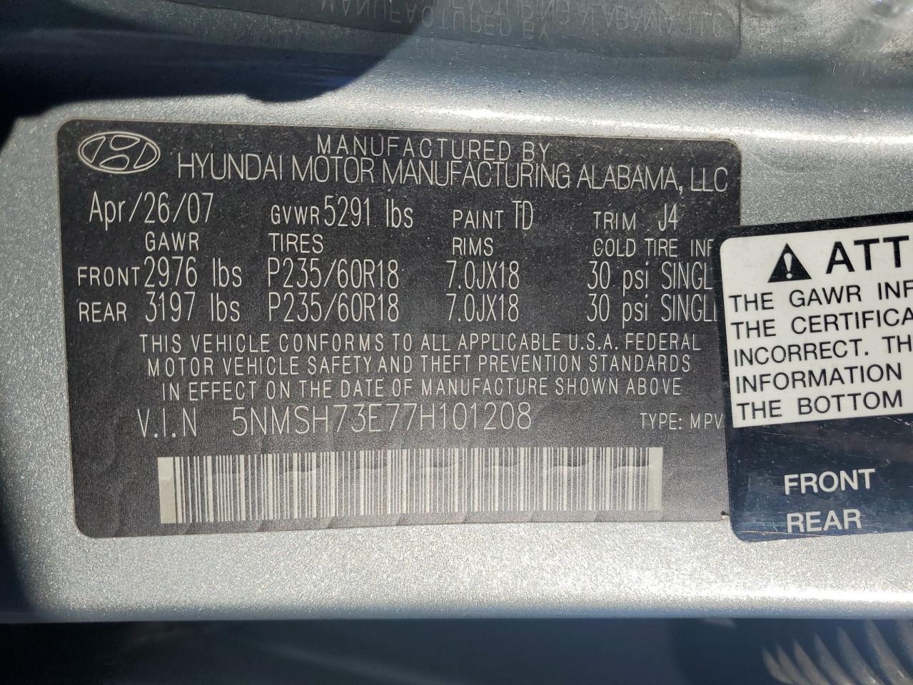 2007 Hyundai Santa Fe VIN 5NMSH73E77H101208 Copart auction photo, vandalism / front end damage thumbnail 13