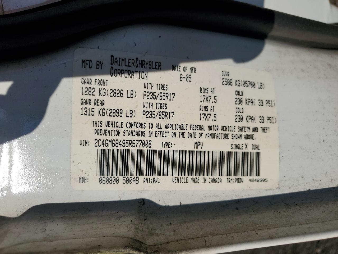 2005 Chrysler Pacifica VIN 2C4GM68495R577006 Copart auction photo, front end / undercarriage damage thumbnail 13