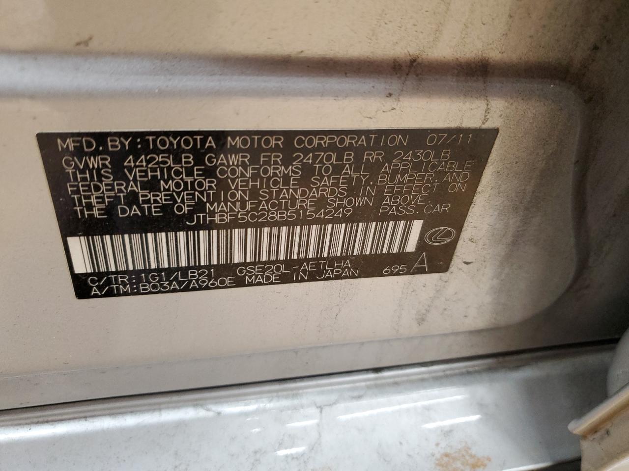 2011 Lexus IS VIN JTHBF5C28B5154249 Copart auction photo, front end damage thumbnail 12