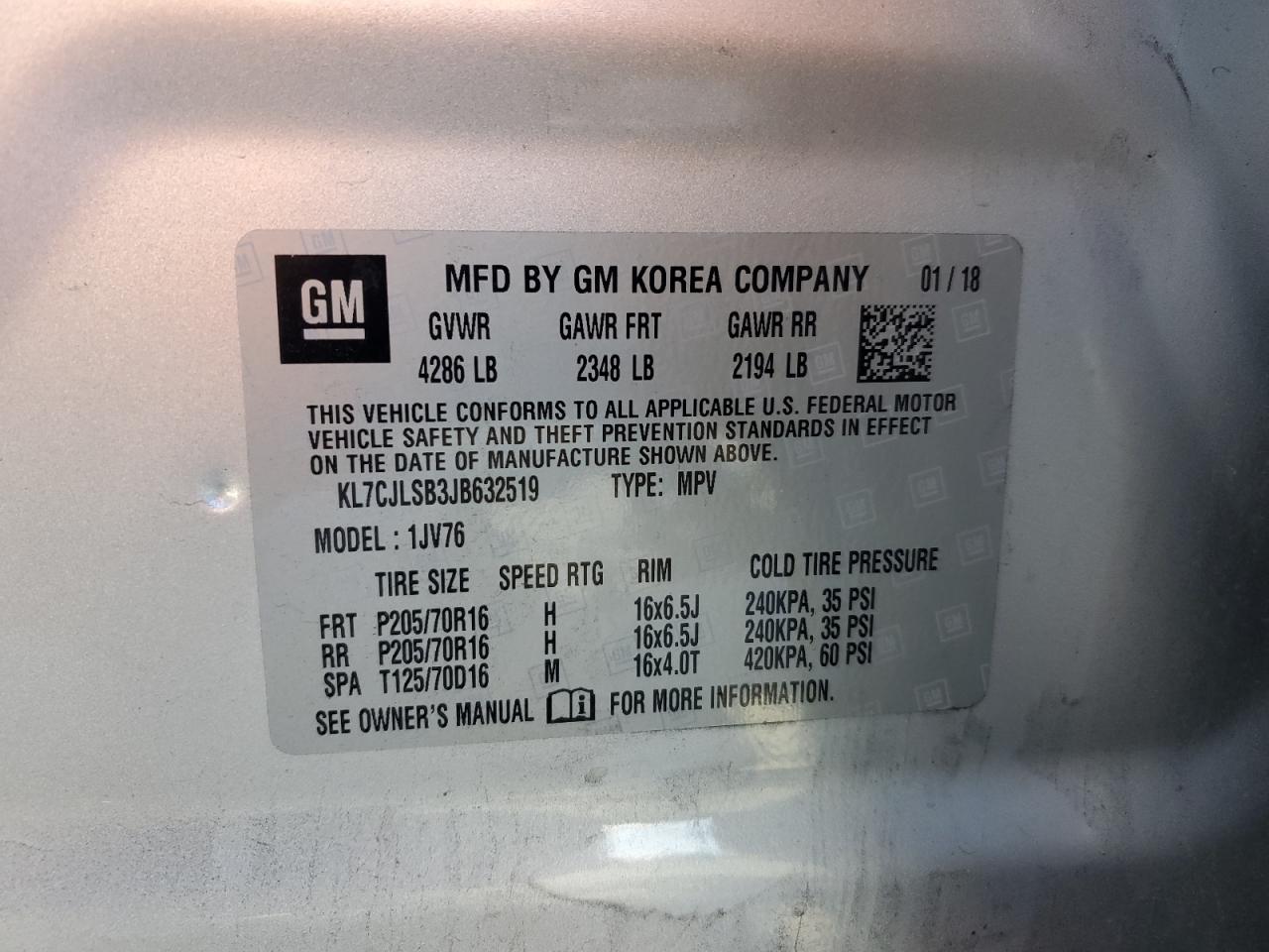 2018 Chevrolet Trax VIN KL7CJLSB3JB632519 Copart auction photo, front end damage thumbnail 15