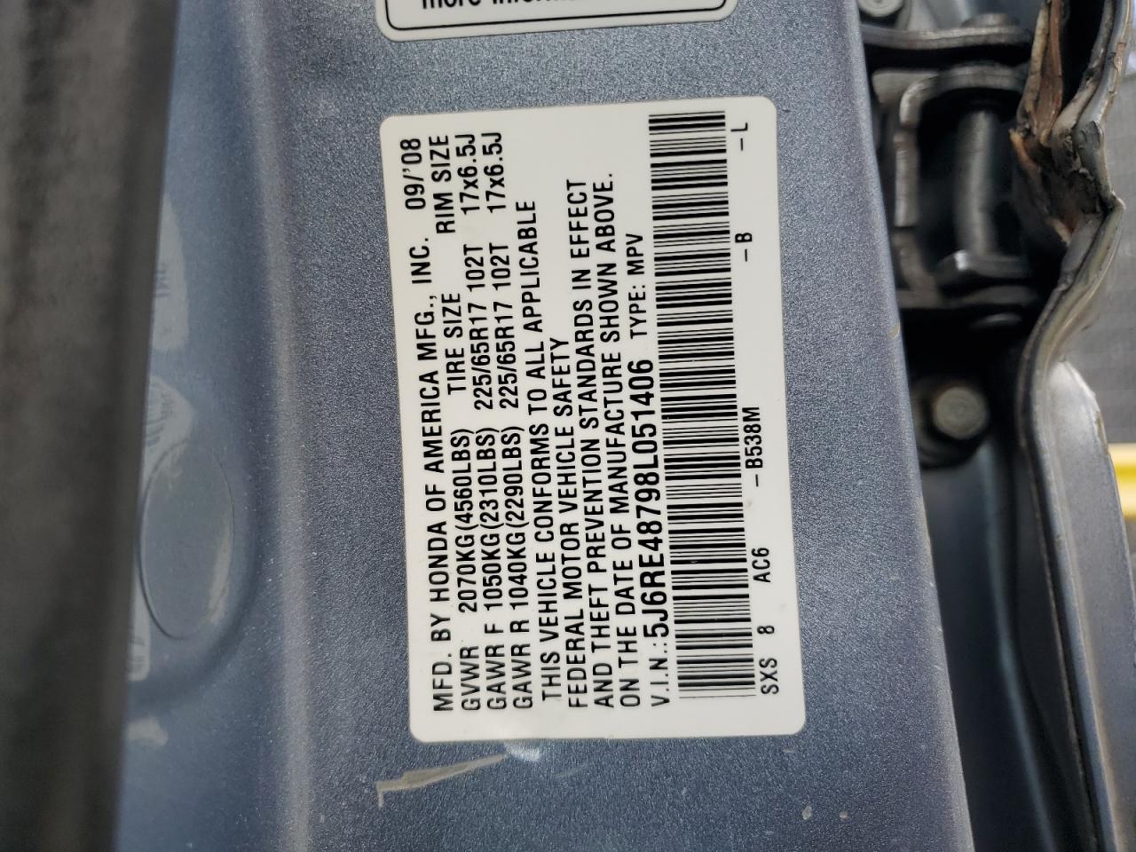 2008 Honda CR-V VIN 5J6RE48798L051406 Copart auction photo, side / mechanical damage thumbnail 13