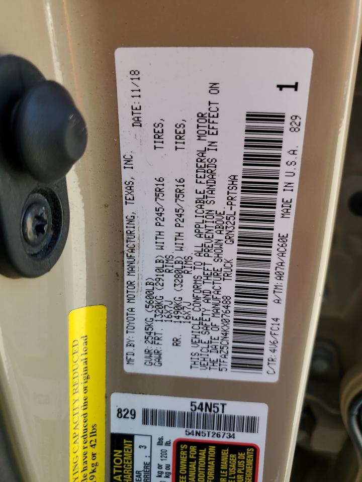 2019 Toyota Tacoma VIN 5TFAZ5CN4KX076488 Copart auction photo, all over damage thumbnail 13