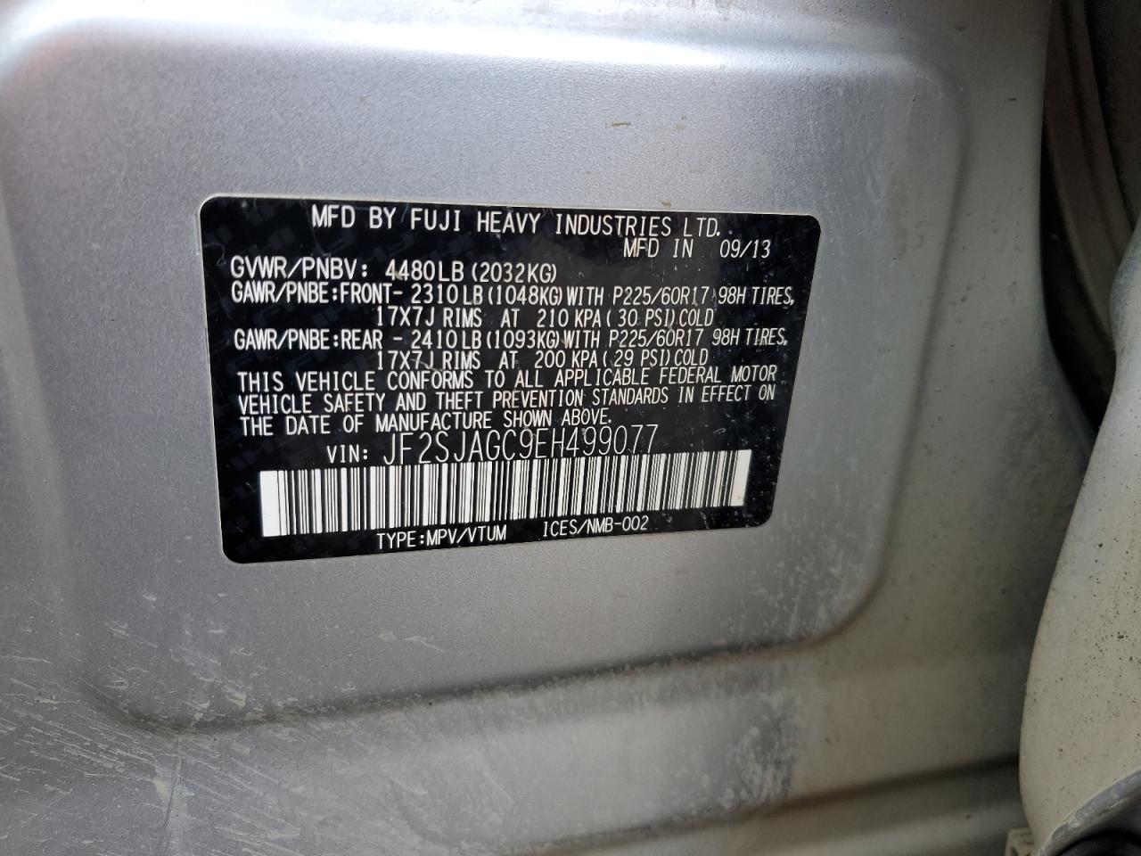 2014 Subaru Forester VIN JF2SJAGC9EH499077 Copart auction photo, front end / side damage thumbnail 15