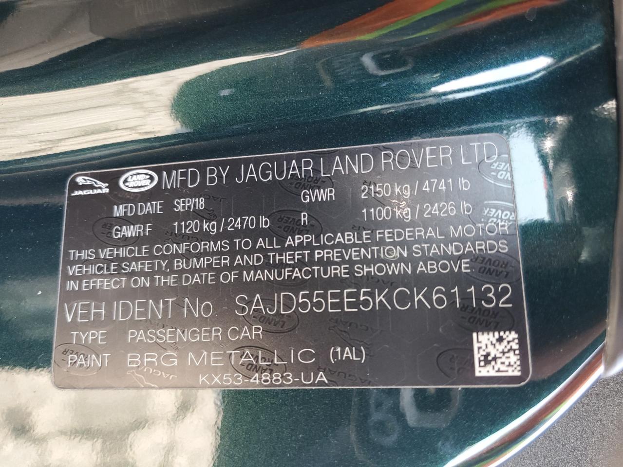 2019 Jaguar F-Type VIN SAJD55EE5KCK61132 Copart auction photo, front end / minor dent/scratches damage thumbnail 12