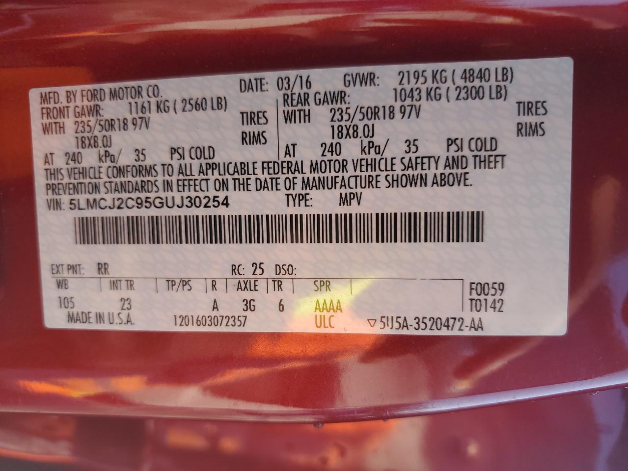 2016 Lincoln MKC VIN 5LMCJ2C95GUJ30254 Copart auction photo, side damage thumbnail 14