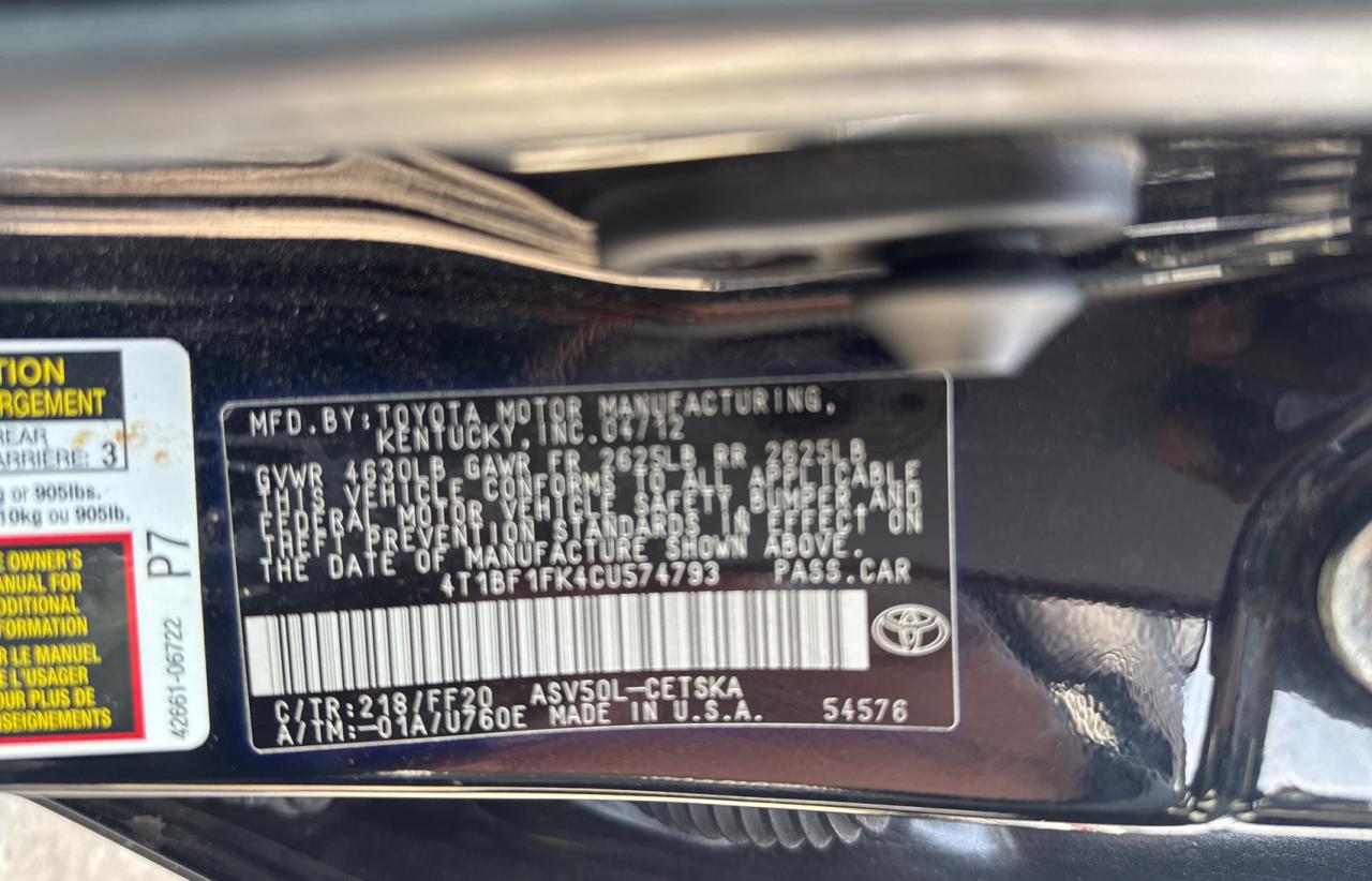 2012 Toyota Camry VIN 4T1BF1FK4CU574793 Copart auction photo, minor dent/scratches / frame damage damage thumbnail 10