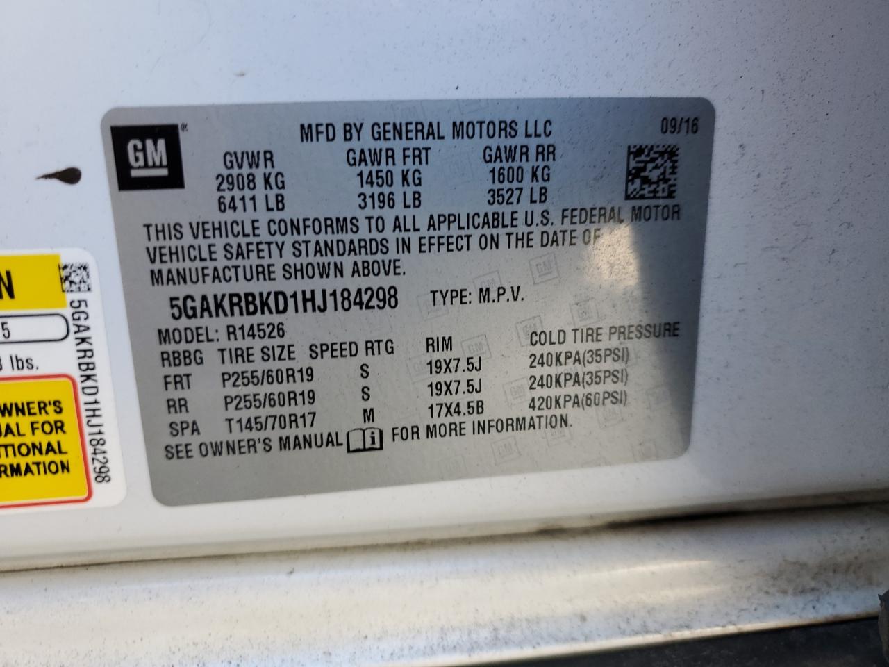 2017 Buick Enclave VIN 5GAKRBKD1HJ184298 Copart auction photo, side / rear end damage thumbnail 15