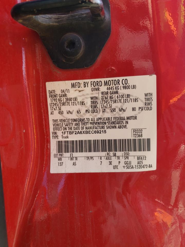 2011 Ford F250 VIN 1FTBF2A6XBEC69215 Copart auction photo, rear end / minor dent/scratches damage thumbnail 12