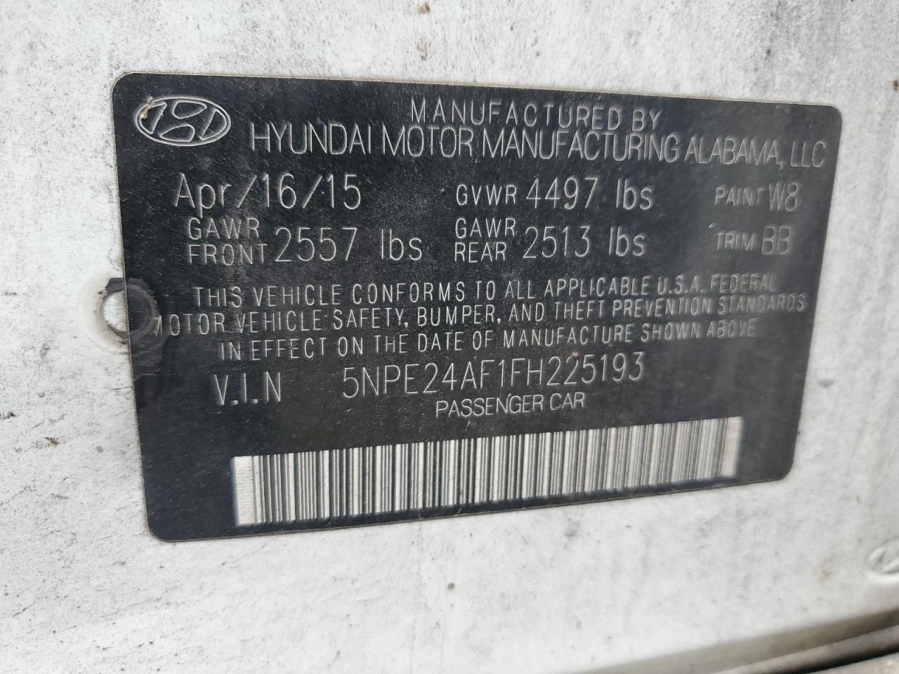 2015 Hyundai Sonata VIN 5NPE24AF1FH225193 Copart auction photo, burn - engine / burn - interior damage thumbnail 12